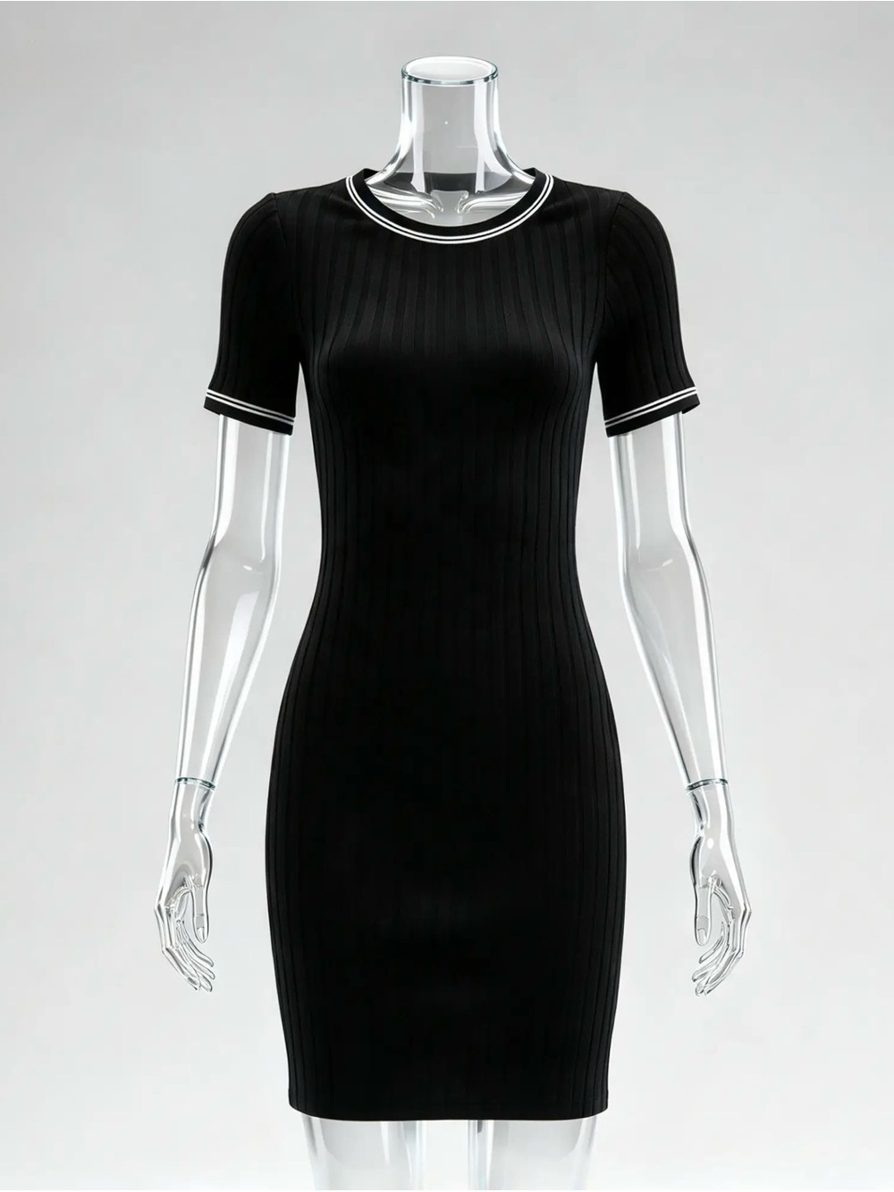 H&M Black Ribbed Short-Sleeve Bodycon Dress with White Trim